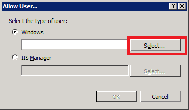 Screenshot that shows the Allow User dialog box. Select is highlighted next to the Windows text box.
