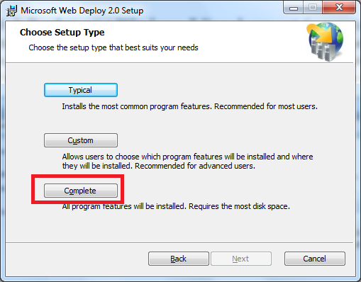 Screenshot that shows the Microsoft Web Deploy 2 point 0 Setup wizard. Complete is highlighted.