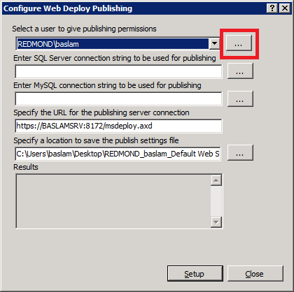 Screenshot that shows the Configure Web Deploy Publishing dialog box. The ellipsis on the first variable is highlighted.