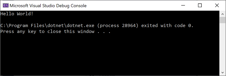 Screenshot of the console window showing the Hello World message.