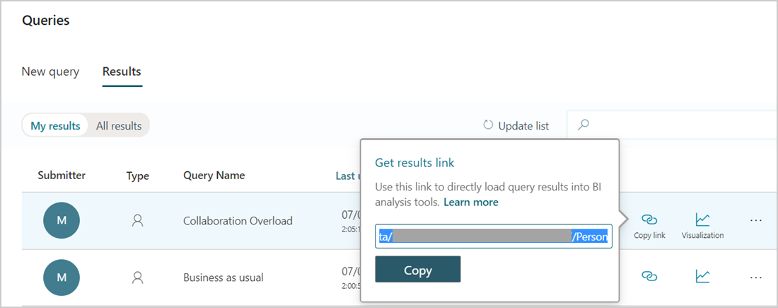 Screenshot that shows copying the query OData link.