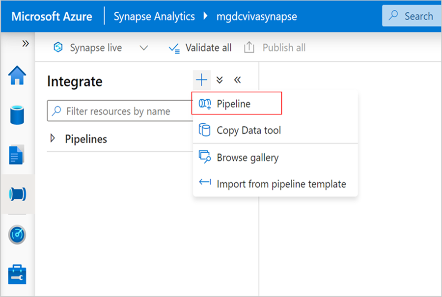 Screenshot that shows adding a pipeline in Azure Synapse