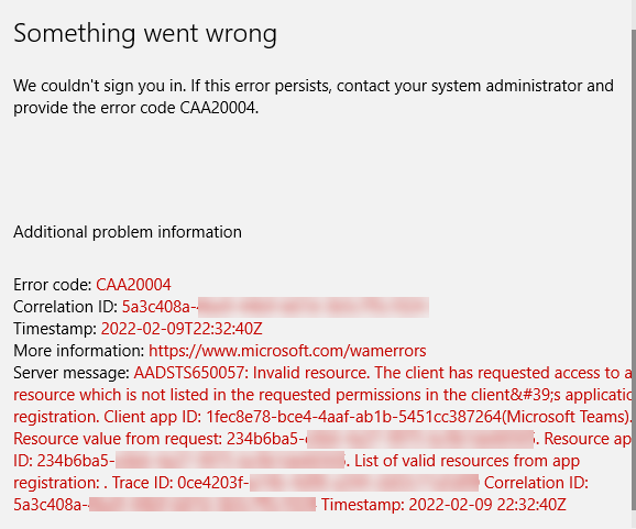 Screenshot of error message with additional information.